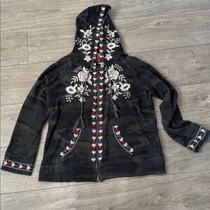 Johnny Was Camouflage Hoodie with Colorful Embroidery